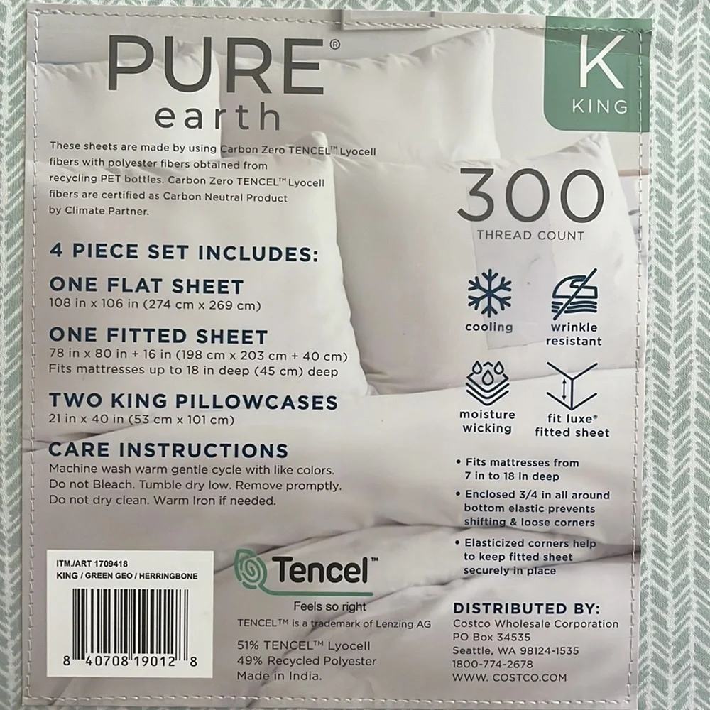 NWT Pure Earth Sheet Set Solid 4-Piece 300 Thread Count Flat Fitted Pillowcase